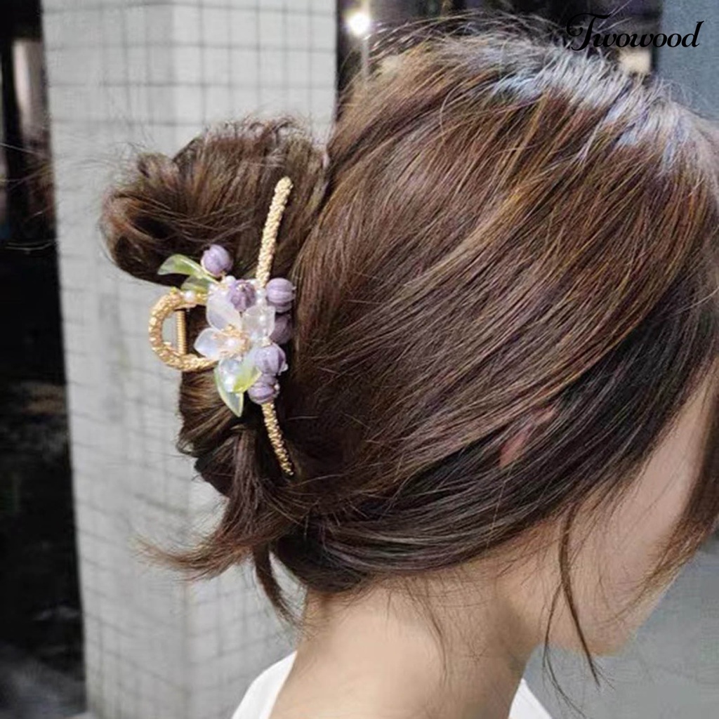 Jepit Rambut Panjang Desain Bunga Aksen Mutiara Imitasi Bahan Akrilik Anti slip Untuk Wanita