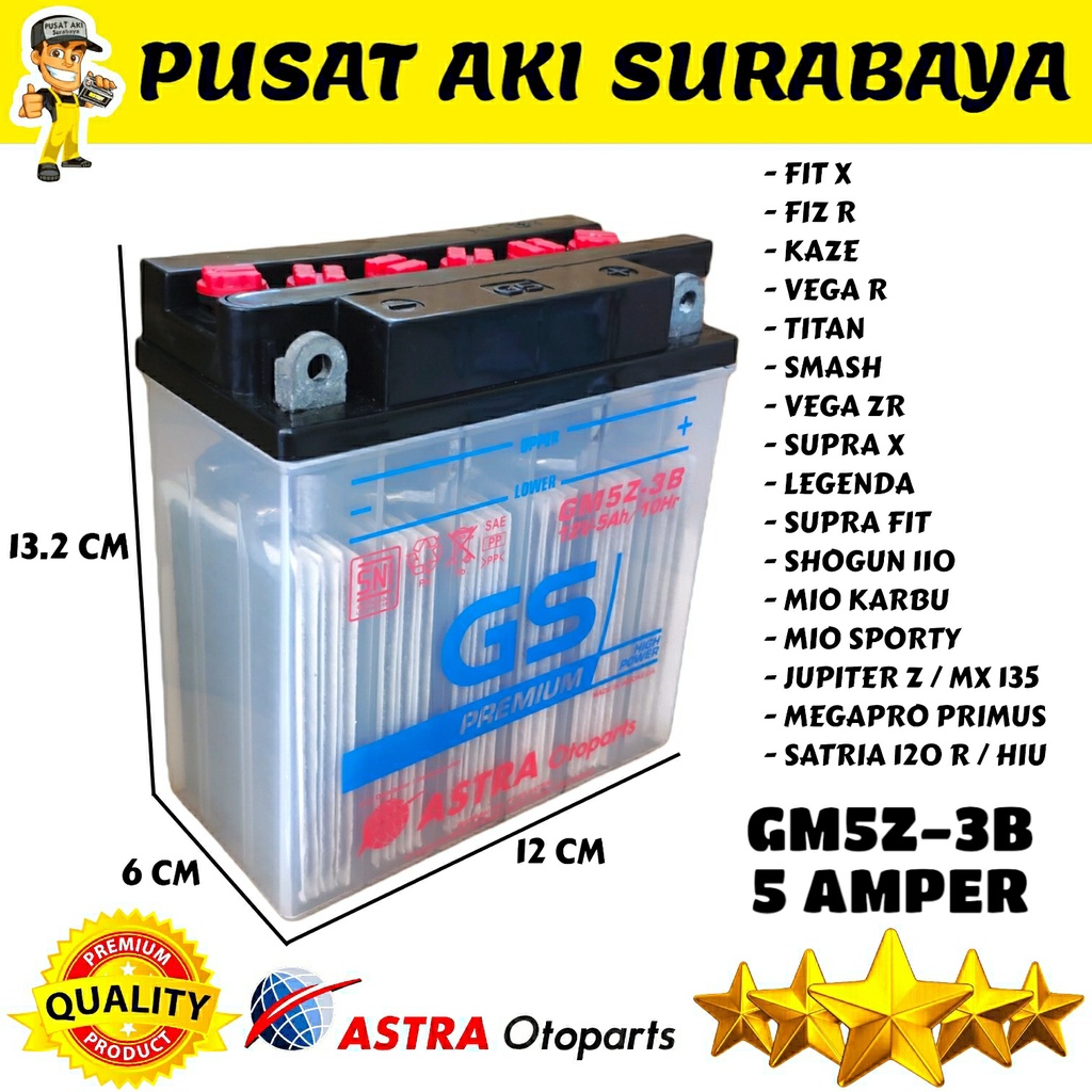 PRODUK BARU AKI GS ASTRA GM5Z 12 VOLT 5 AMPER UNTUK SEPEDA MOTOR JUPITER Z MX 135 MEGAPRO PRIMUS MTX5AL YB5LB YT7C