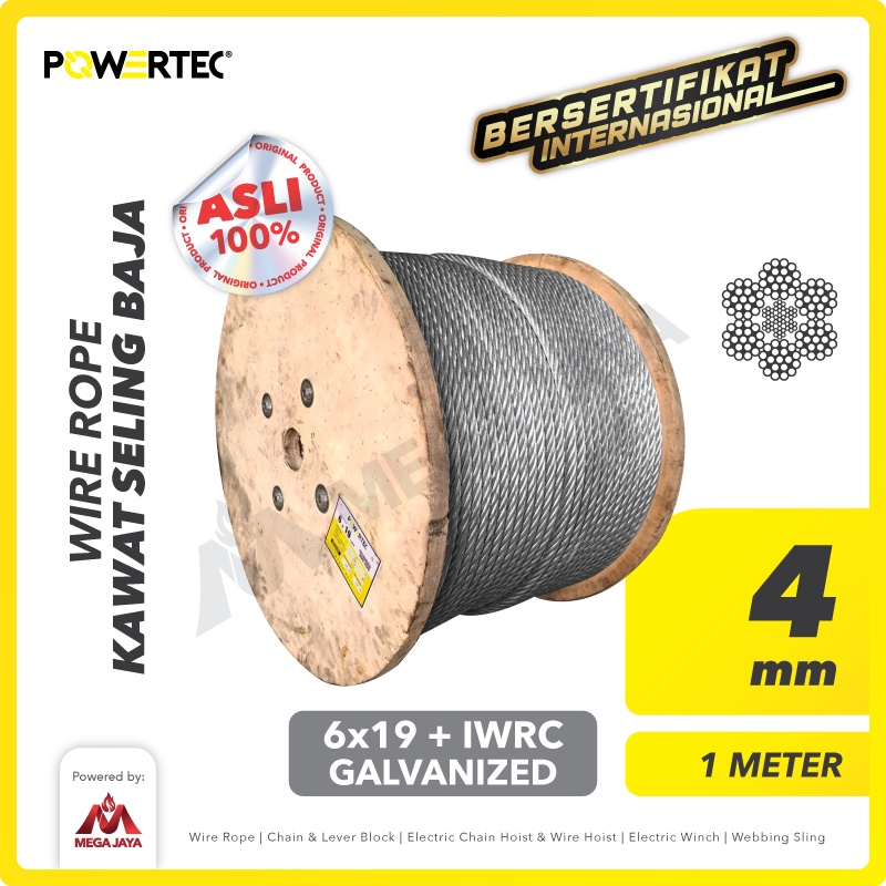 POWERTEC Wire Rope / Kawat Seling Baja 6x19 IWRC 4mm Galv - 1 Meter