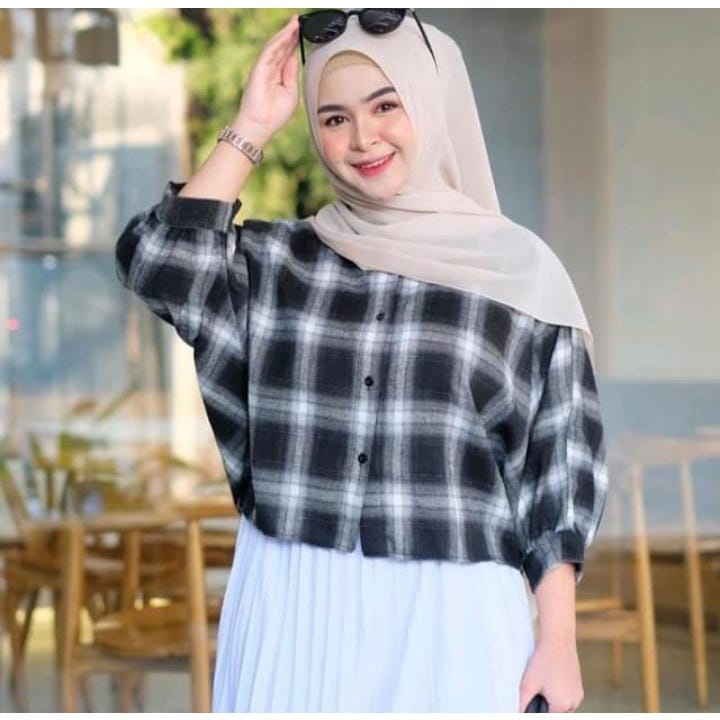 KEMEJA TAMARA BATWING FLANEL OUTER || KEMEJA KOTAK WANITA OVERSIZE || ATASAN TARTAN CROP LENGAN BALO