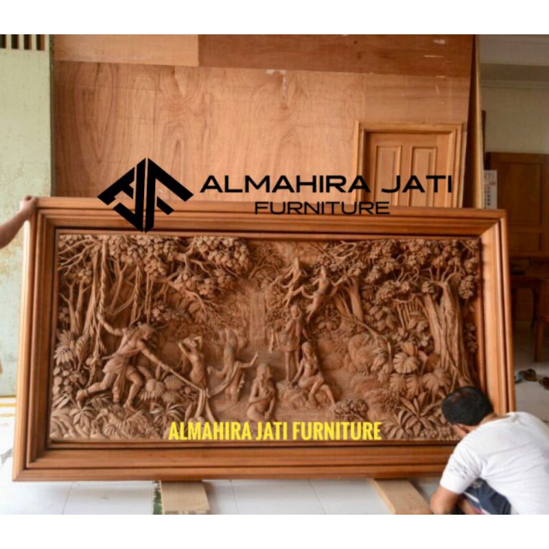 Hiasan Dinding Seni Karya Ukiran Relief 3D Motif Joko Tarub / Ukiran Relief 3D Kayu Jati