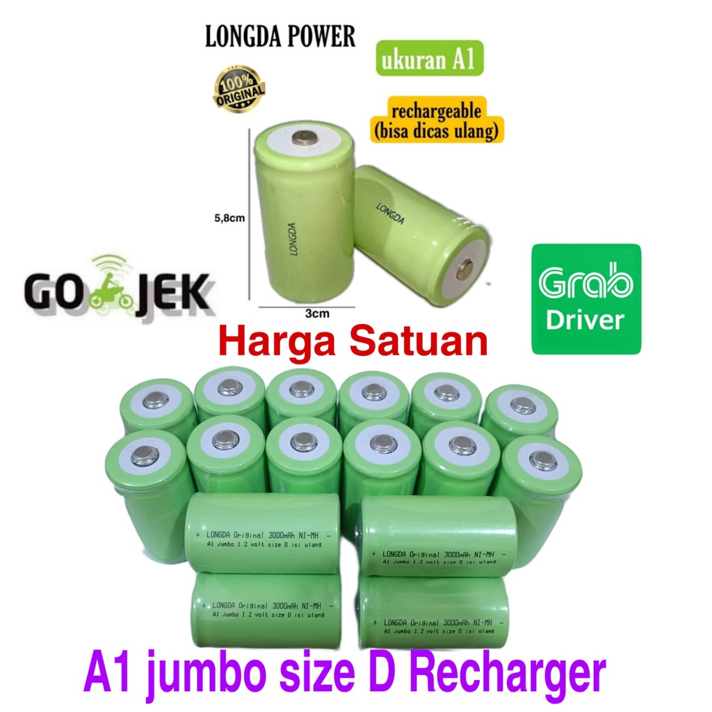 BATERE BATERAI  CAS ISI ULANG RECHARGER A1 JUMBO SIZE D BATERRY LONGDA ORIGINAL 3000mAh