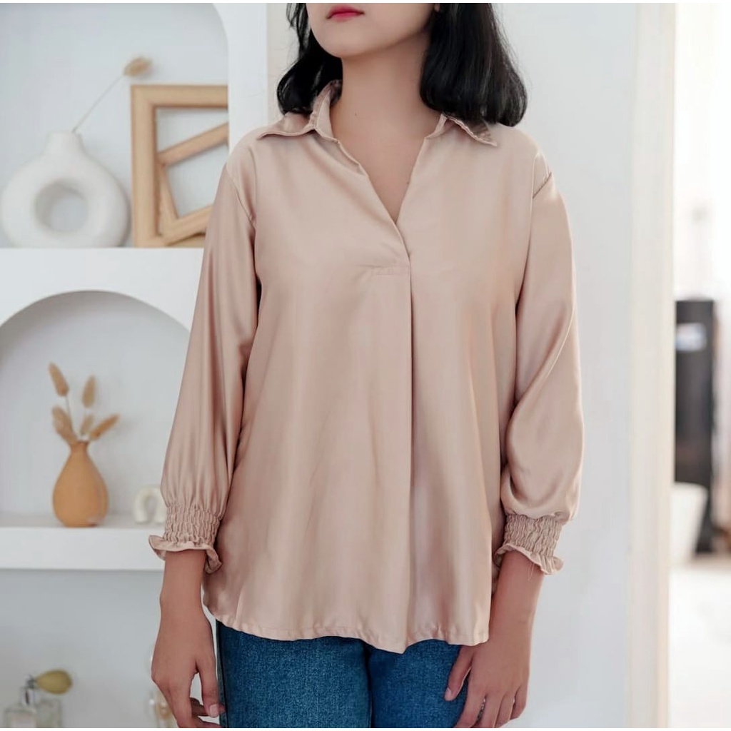 Tq88indonesia Fashion Baju Atasan Wanita Terbaru  / FORTUNE SATEEN SILK OVERSIZE BLOUSE Polos / Blus / Busana Casual Cewek / Ootd / Outfit