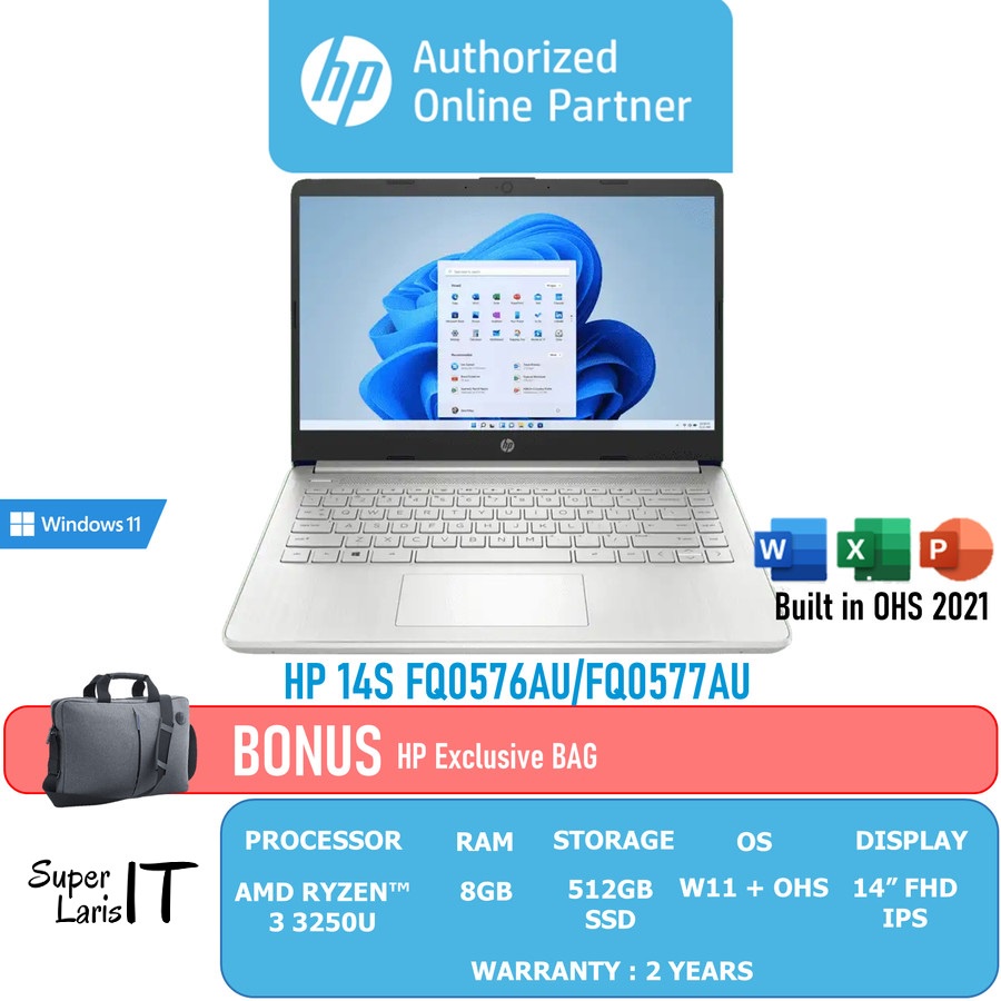 HP Laptop 14s-FQ0576AU AMD Ryzen 3 3250U ram 8GB 512GB 14" IPS W11 OHS