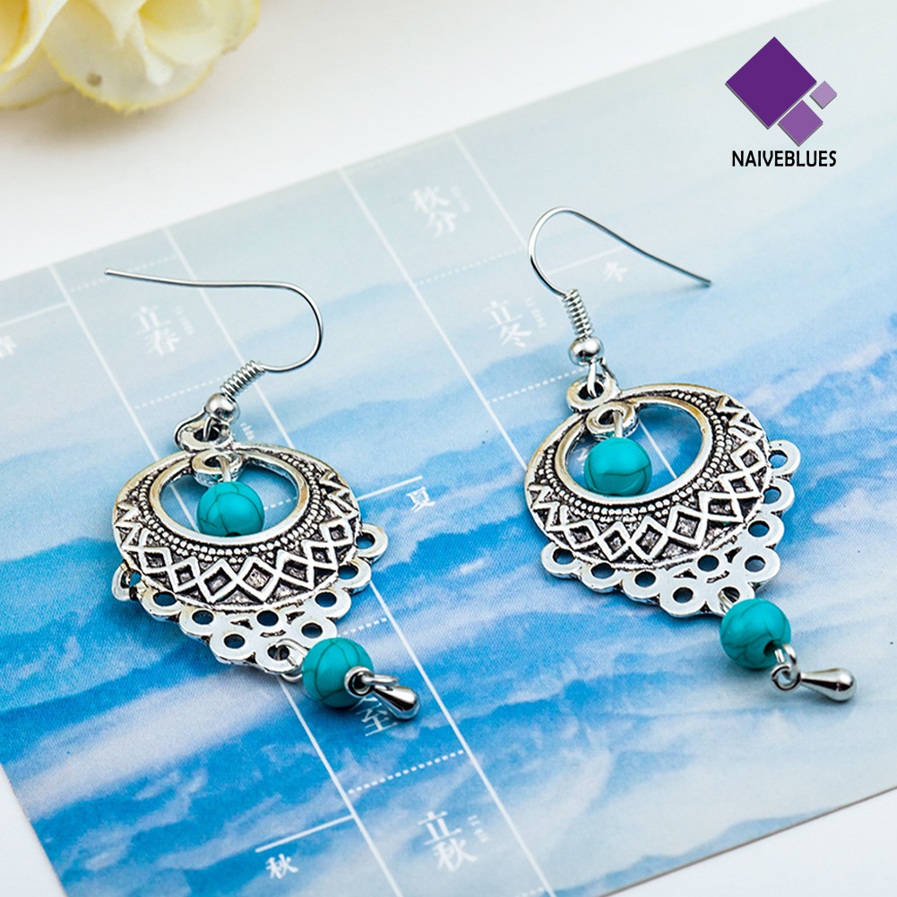 Anting Kait Gantung Wanita Desain Hollow Hias Manik-Manik Turquoise Gaya Boho Untuk Pernikahan