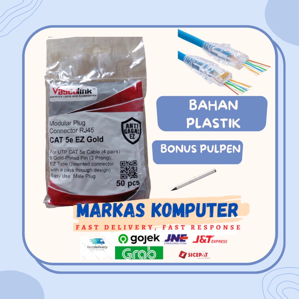 Konektor RJ45 Vascolink UTP Cat5 Gold EZ Anti Gagal Cat 5e Cat 5 50Pcs