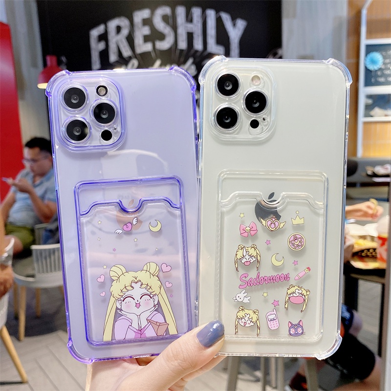 Soft Case TPU Transparan Bumper Karet Motif Kartun Holder Kartu Untuk IPhone 13 12 11 Pro Max X Xs XR 8 7 Plus