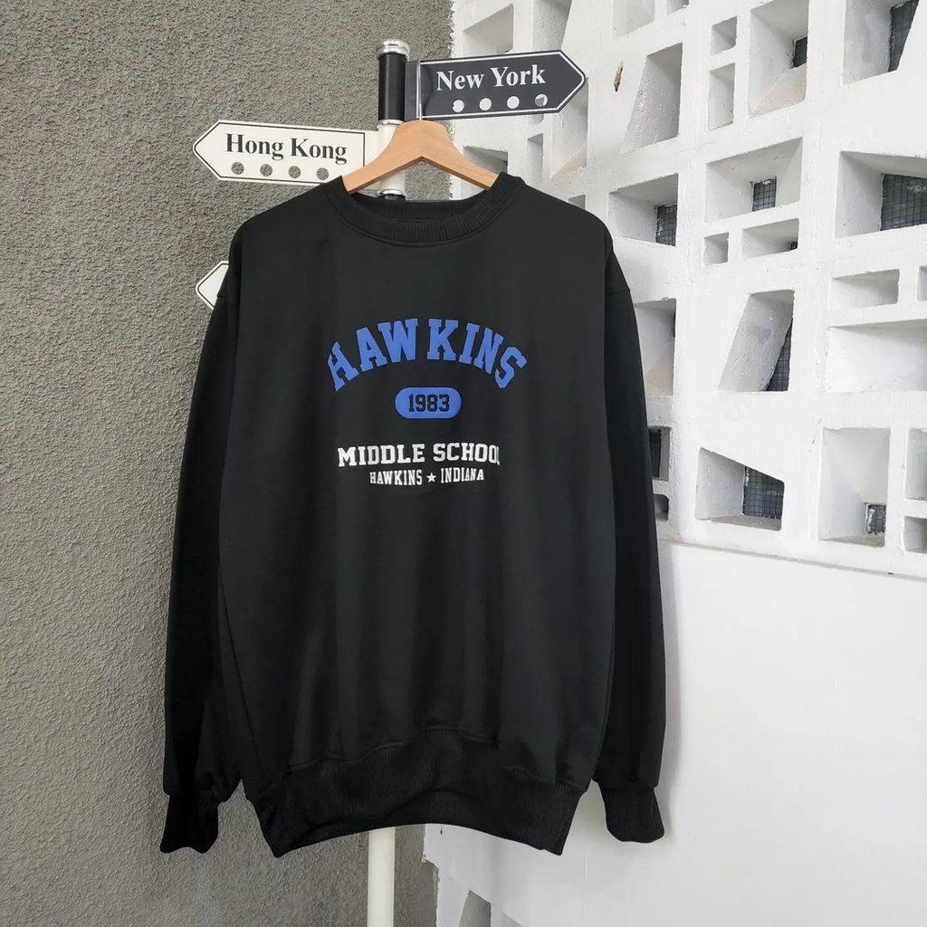 Sweater Crewneck Oblong Pria HAWKINS Desain Aestetic Fashion Terkini Atasan Basic Jacket Kasual Fashion Ala Korean FLEECE Tebal Termurah