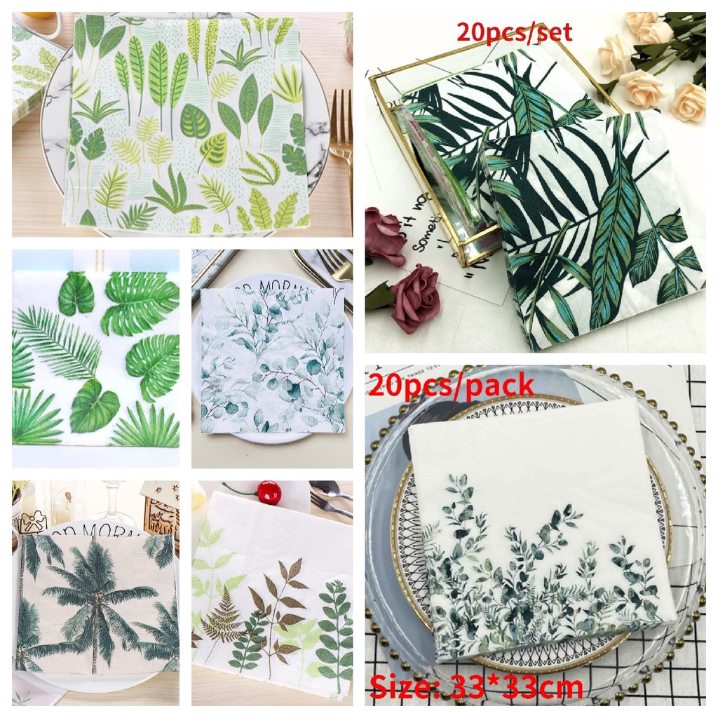 20pcs / Pak Tisu Serbet Motif Print Daun Hijau Untuk Dekorasi