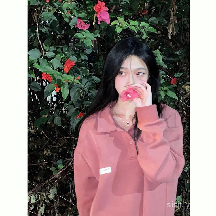#Sisjuly# Sweatshirts Kerah Merah Muda Wanita Musim Semi Amerika Retro Longgar Gaya Barat Kemeja Pol