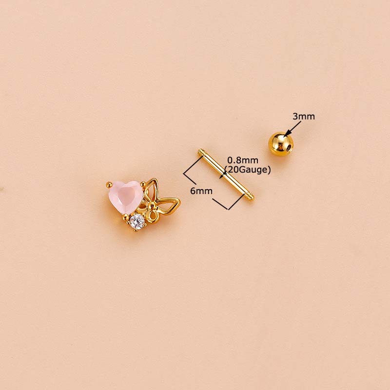 1pc Anting Tindik Tulang Rawan Telinga Bentuk Hati Pink Bahan Stainless Steel 20Gauge Dengan Zircon