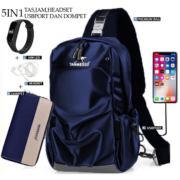 TANMESSO 5IN1 BAYAR DITEMPAT-BONUS JAM LED,DOMPET &amp; USBPORT&amp;HEADSET-tas selempang waterproof