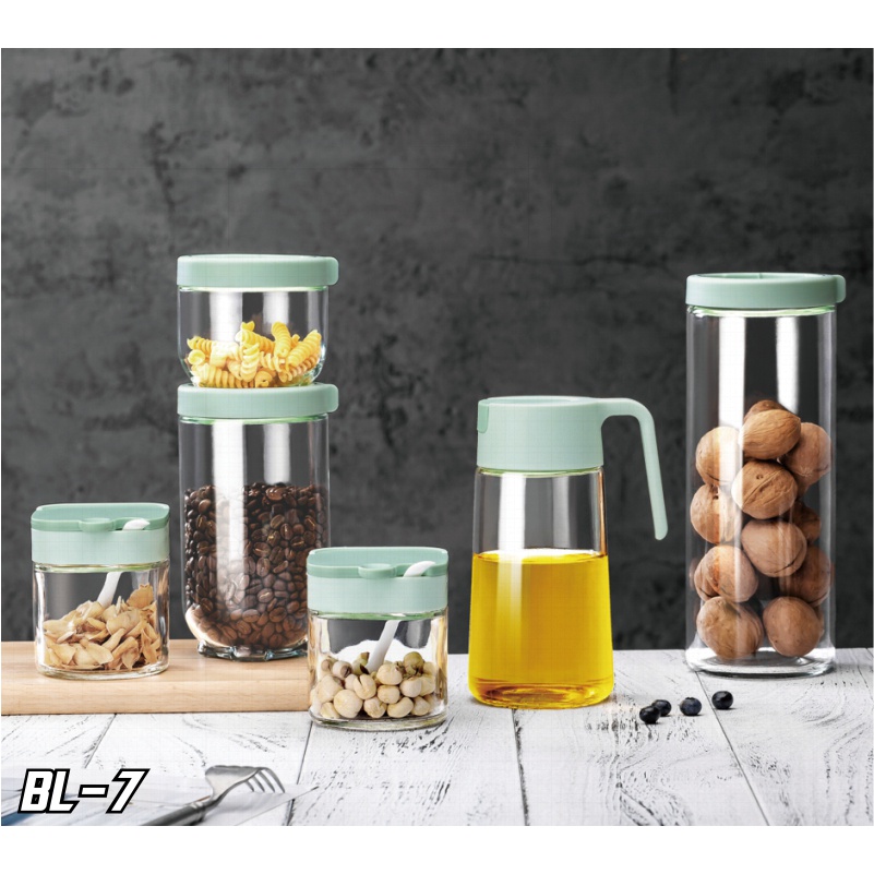 Toples Set Kaca Tempat Bumbu Dapur Oil Pot Tempat Penyimpanan Bumbu Dapur Kitchen Jar Isi 6 Pcs