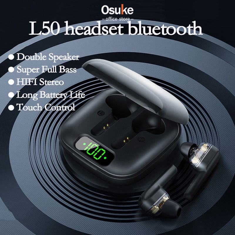 L50 TWS Headset Bluetooth Full Bass Noise Cancelling Earbuds HiFi Stereo Handsfree Umur Panjang Double Action Coil Empat Speaker Smart Touch Wireless Earphone