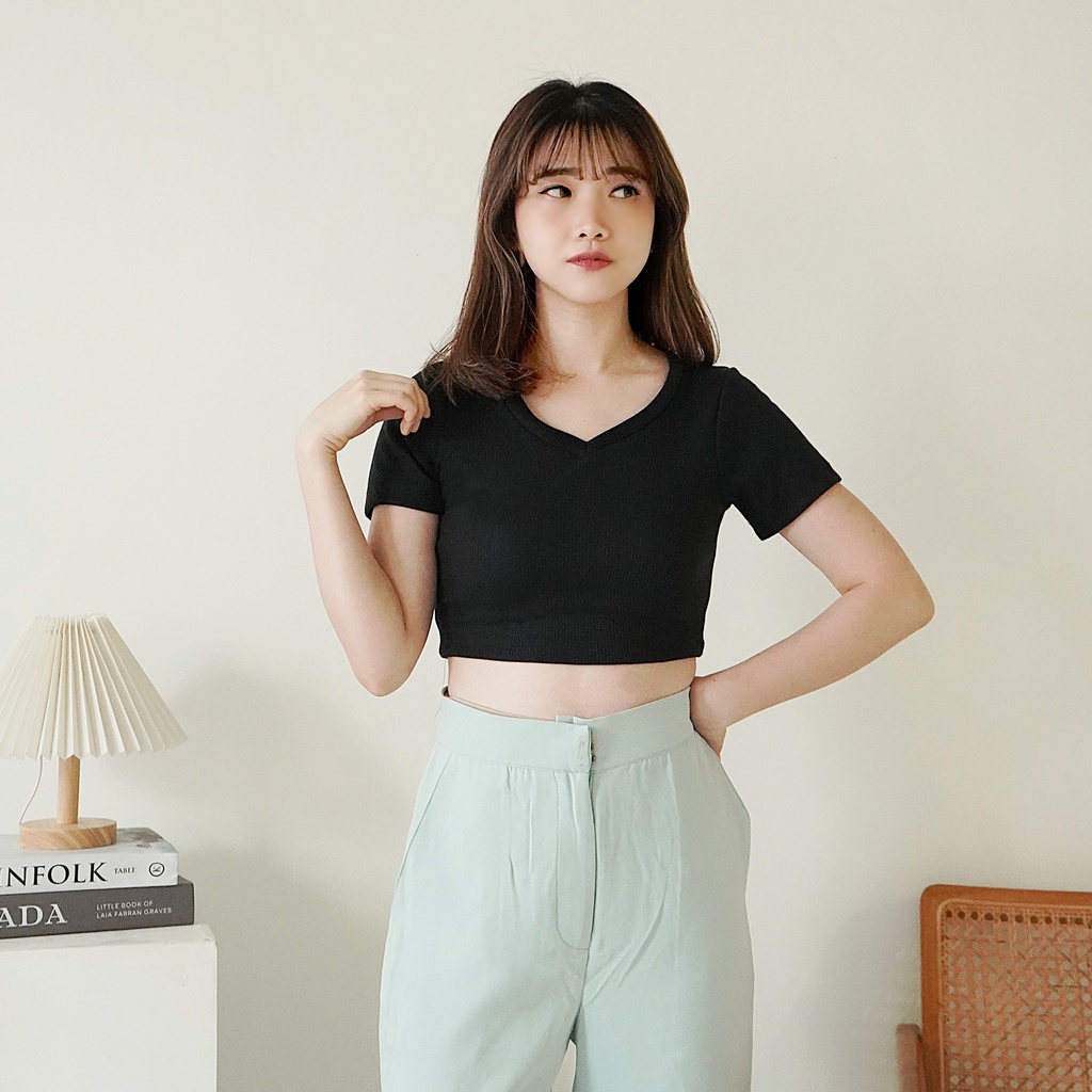 Korean Crop Top Korea Kaos V-Neck Wanita Baju Atasan Basic Wanita 143