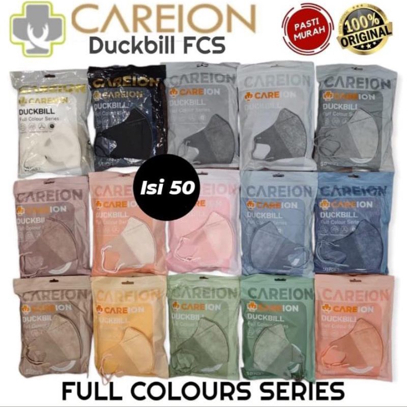 READY MASKER DUCKBILL CAREION CARE ION FULL COLOURS SERIES MATCHA SHRIMP PINK GREY ABU ABU ISI 50 LBR PER PACK 3 PLY