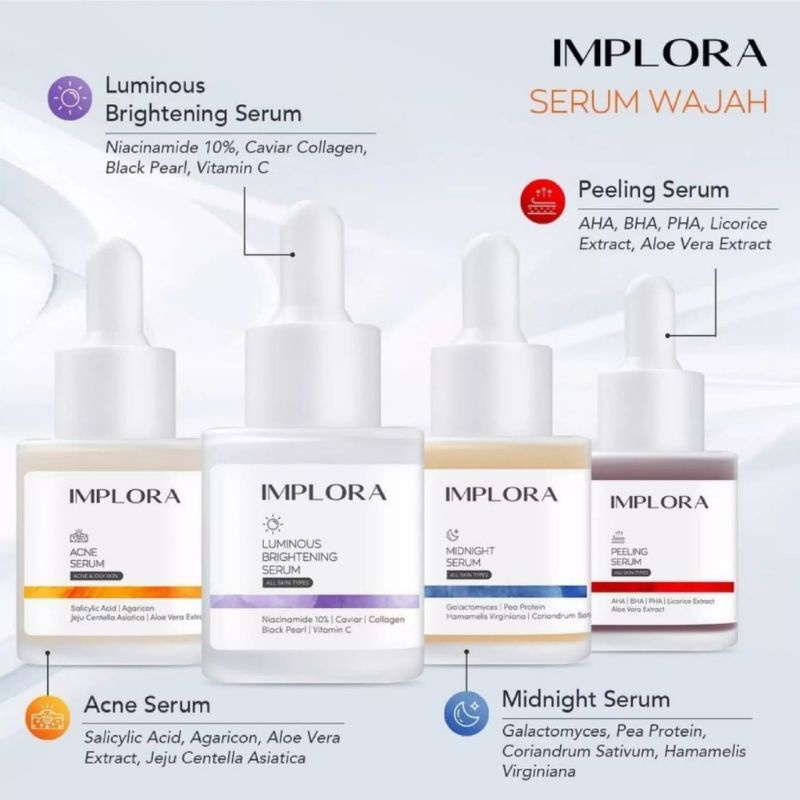 ⭐AJ⭐ IMPLORA Face Serum  BPOM | Serum Wajah | Brightening | Peeling | Acne | Midnight | Hydrating | 