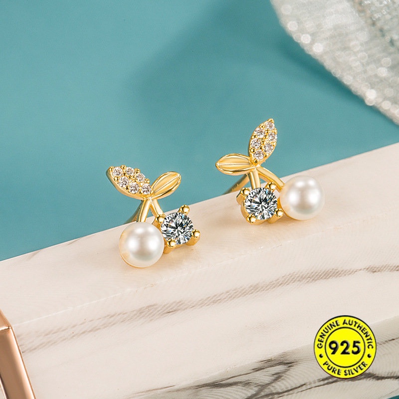 Anting Tusuk Model Buah Ceri Dengan Mutiarabatu Zircon AAA Untuk Wanita U1053