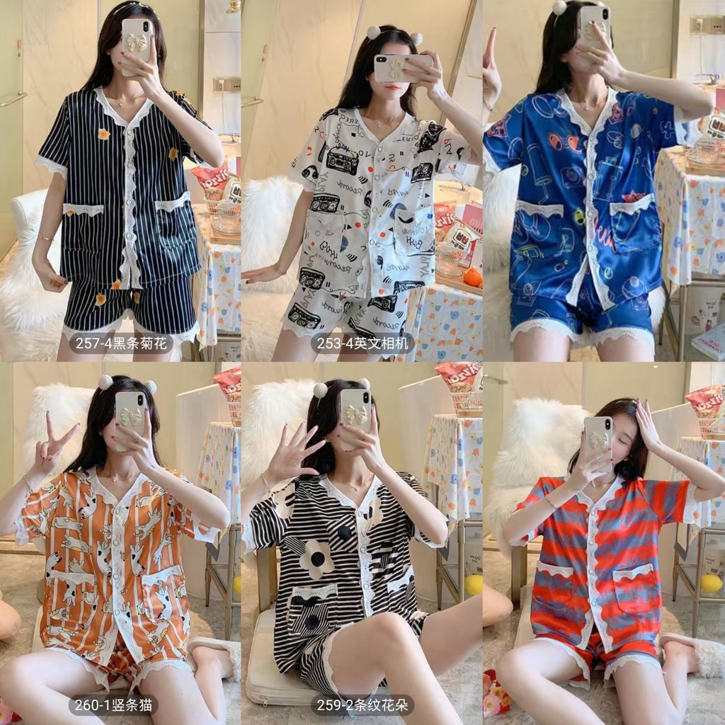 baju tidur hotpants satin import kancing lima renda