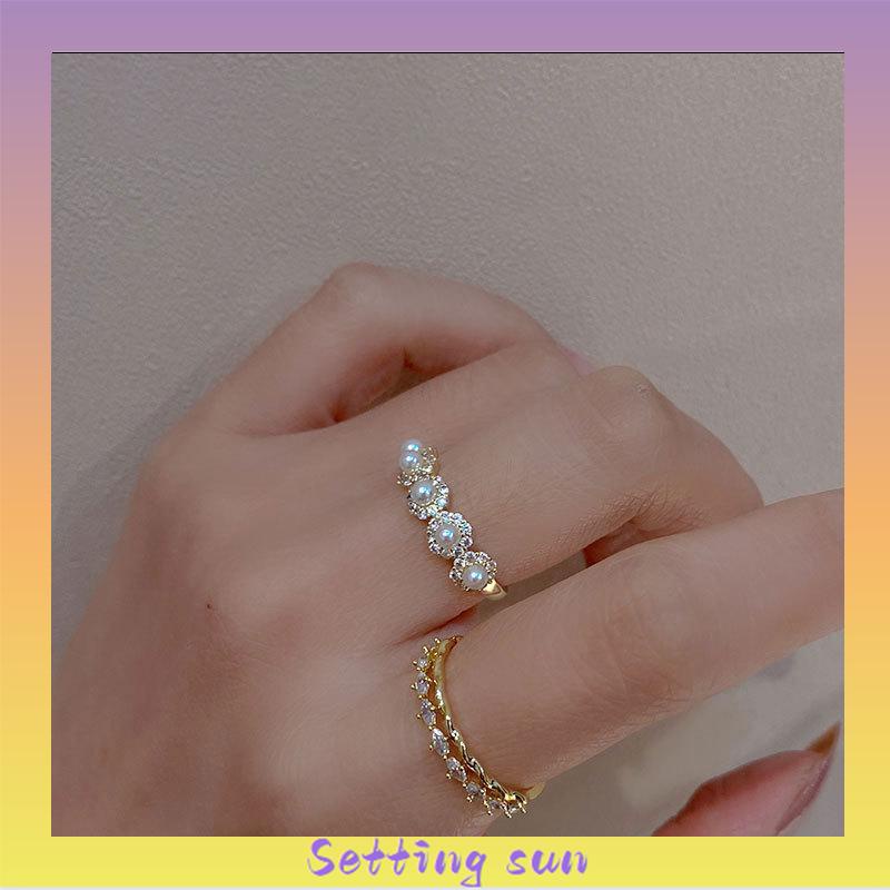 Double-layer Retro Pearl Diamond Ring Niche Light Desain Mewah Cincin Dapat Disesuaikan Terbuka TN