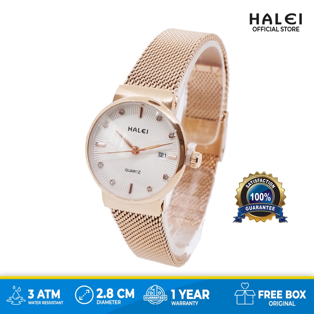 Premium (RRW) Jam Tangan Wanita Elegant Haleiwatch Original Rantai Pasir Rosegold HALEI 8024L Anti