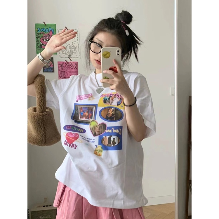 EUNII T-shirt Lengan Pendek Angka Pencetakan Longgar Korean Style/Kaos Atasan Wanita/Baju Kaus Oversize Wanita