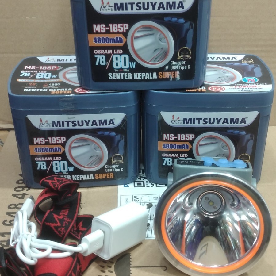 Barangunik2021 -Senter Kepala 80 Watt Mitsuyama MS-185 Headlamp Cahaya Putih Anti Air