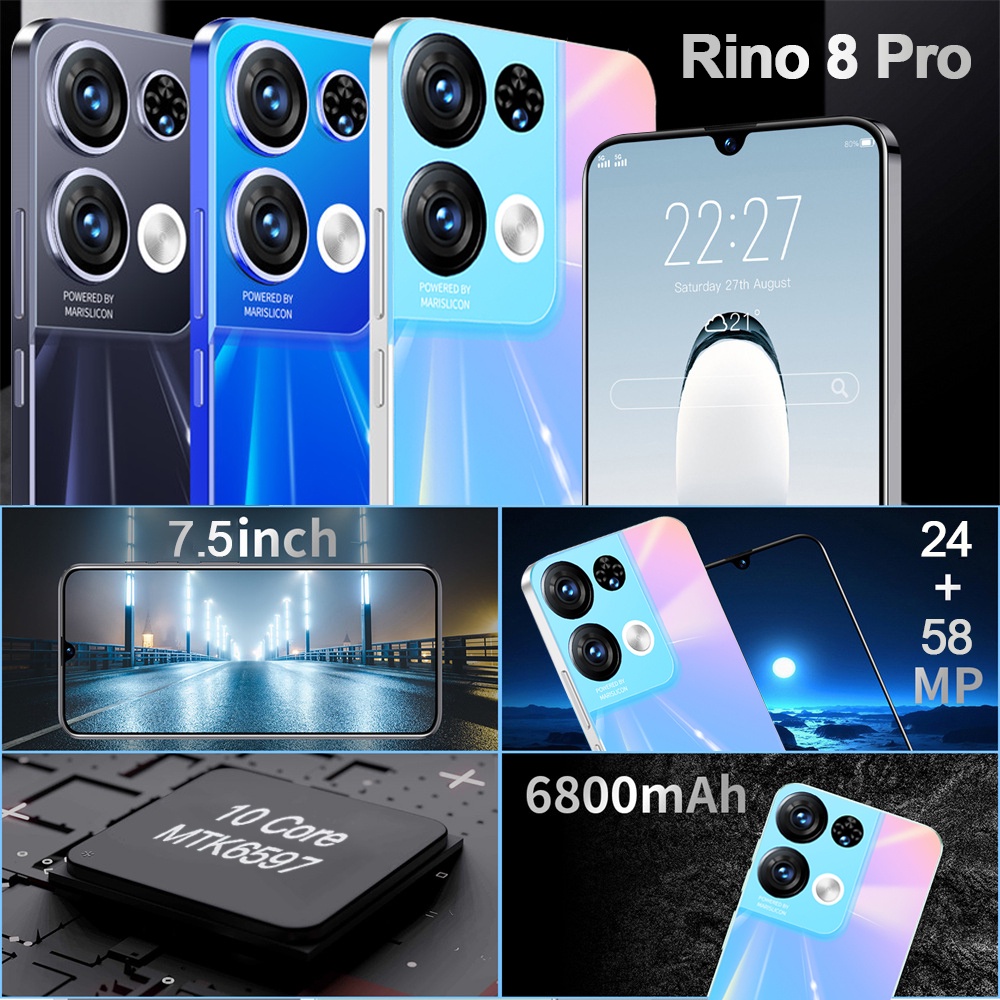 【COD+Pengiriman Lokal】Rino 8 Pro HP Murah 7.5 Inci Ponsel Asli Baru Dalam Stok 12GB RAM + 512GB ROM 24MP + 58MP Kamera HD Dual SIM Dual Standby 4G/5G Smartphone Android Ponsel Baru Original Handphone Murah Promo