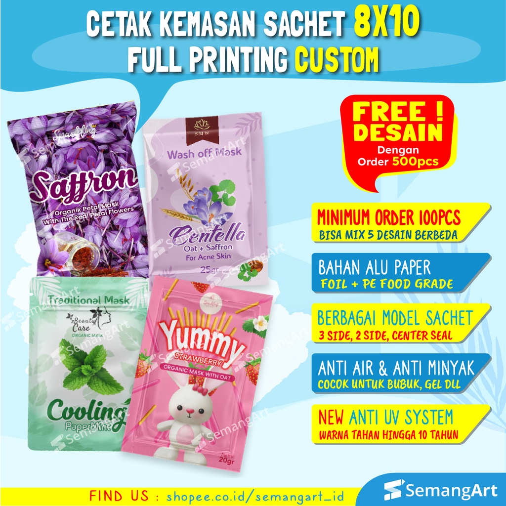 Cetak Kemasan Sachet Bag 8x10 Plastik Klip Ziplock Flat Bottom Full Printing Bungkus Makanan / Maske