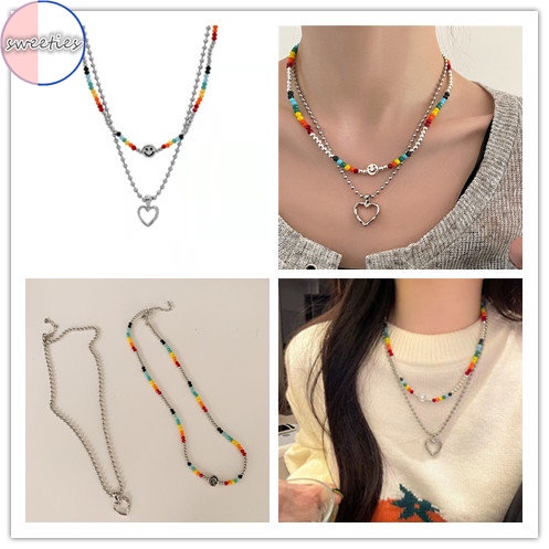 2pcs Kalung Rantai Klavikula Liontin Manik-Manik Hati Pelangi Gaya Korea Untuk Wanita