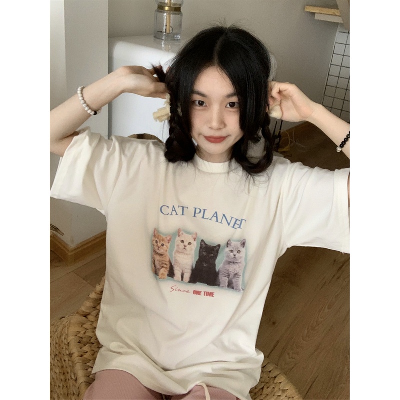 EUNII T-shirt Lengan Pendek Imut Kucing Pencetakan Longgar Korean Style/Kaos Atasan Wanita/Baju Kaus Oversize Wanita