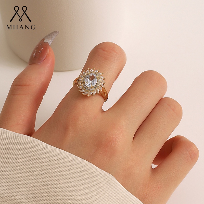 Cincin Tunangan Model Terbuka Desain Bunga Matahari Hias Kristal / Berlian / Zircon Gaya Vintage Untuk Wanita