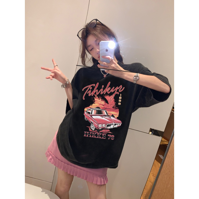 baju kaos wanita letters car graphic printing oversize atasan wanita korean style t shirt loose vintage top