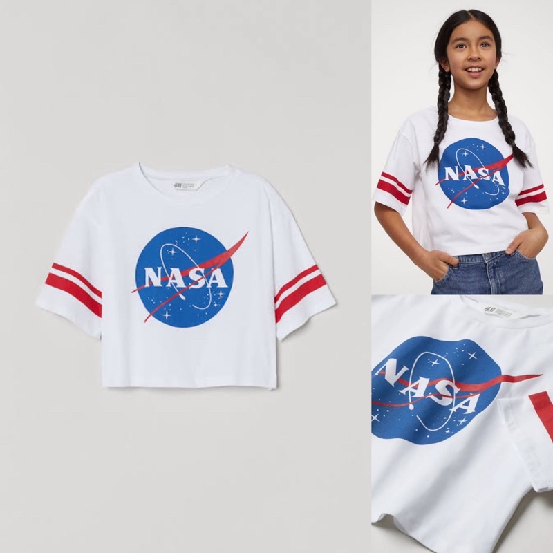H&M Ori SALE Cropped Printed T-shirt - White / NASA