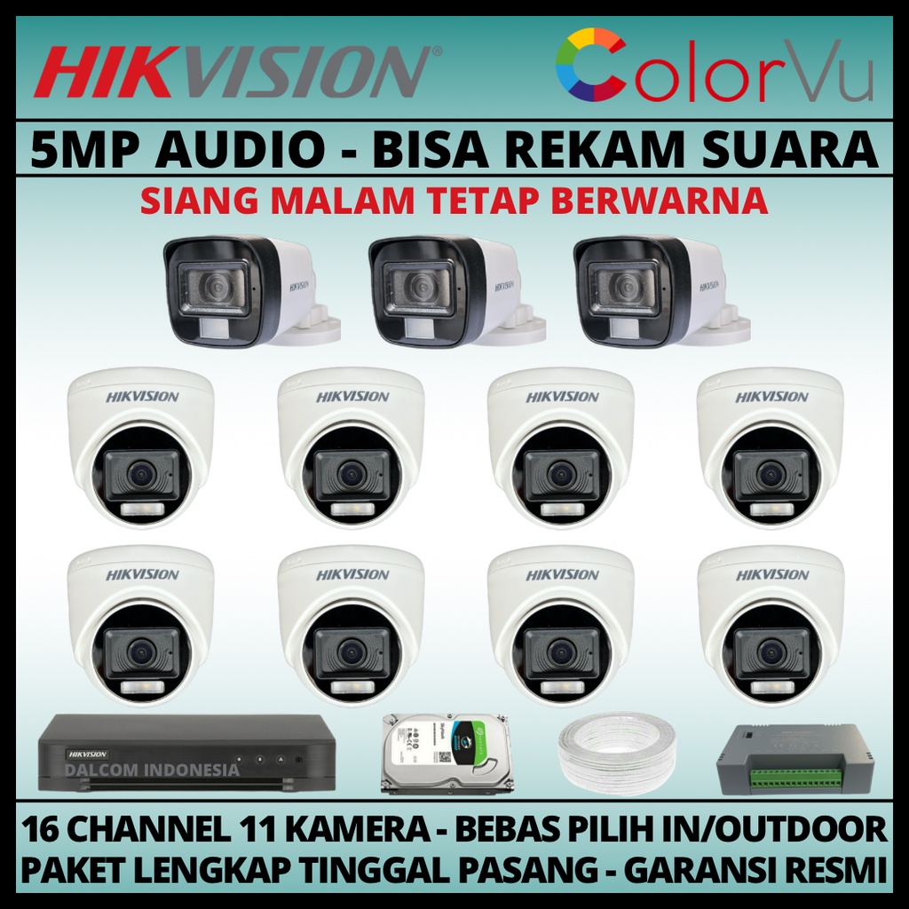 PAKET CCTV HIKVISION COLORVU 5MP 16 CHANNEL 11 KAMERA COLORFUL