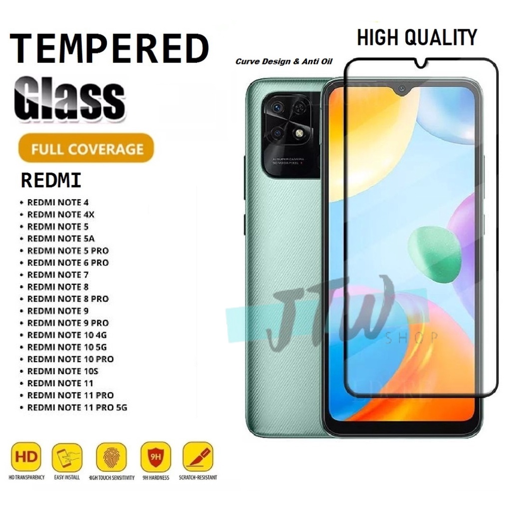 Tempered Glass Full Layar Hp Xiaomi Redmi Note 4 4 5A 6 7 8 9 10S 11 PRO Kaca Anti Gores Handphone 9