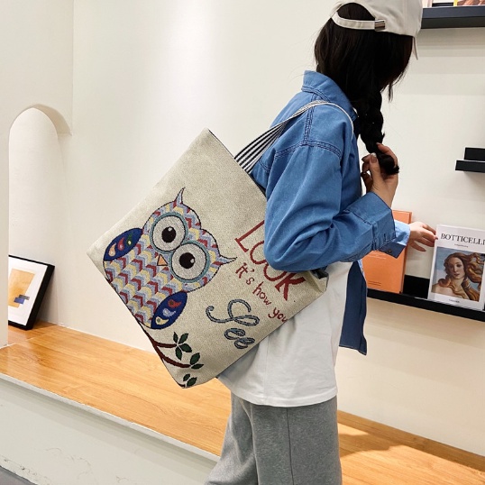 Gaya Etnik Retro Portabel Tas Kanvas Premium Tebal, Besar Bordir Belanja Fashion Motif Bunga Matahar
