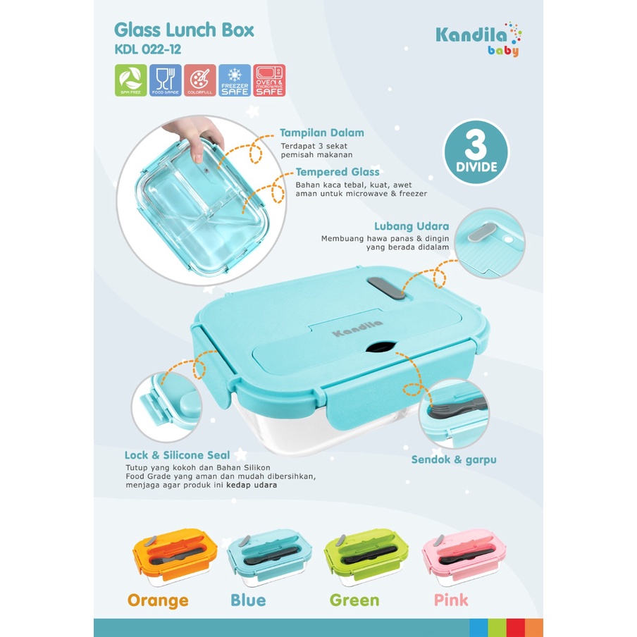 KANDILA GLASS LUNCH BOX 3 DIVIDE (KOTAK MAKAN KACA) TEMPAT BEKAL MAKAN SEKOLAH