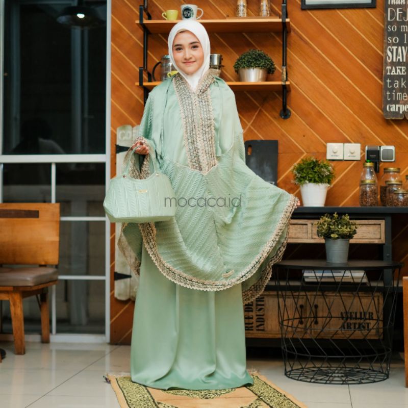 mukena 2 in 1 dewasa mewah premium edition  hijau semen muda elegan sage velvet anti kusut  bisa cod gosend bandungfree tas cantik jumbo