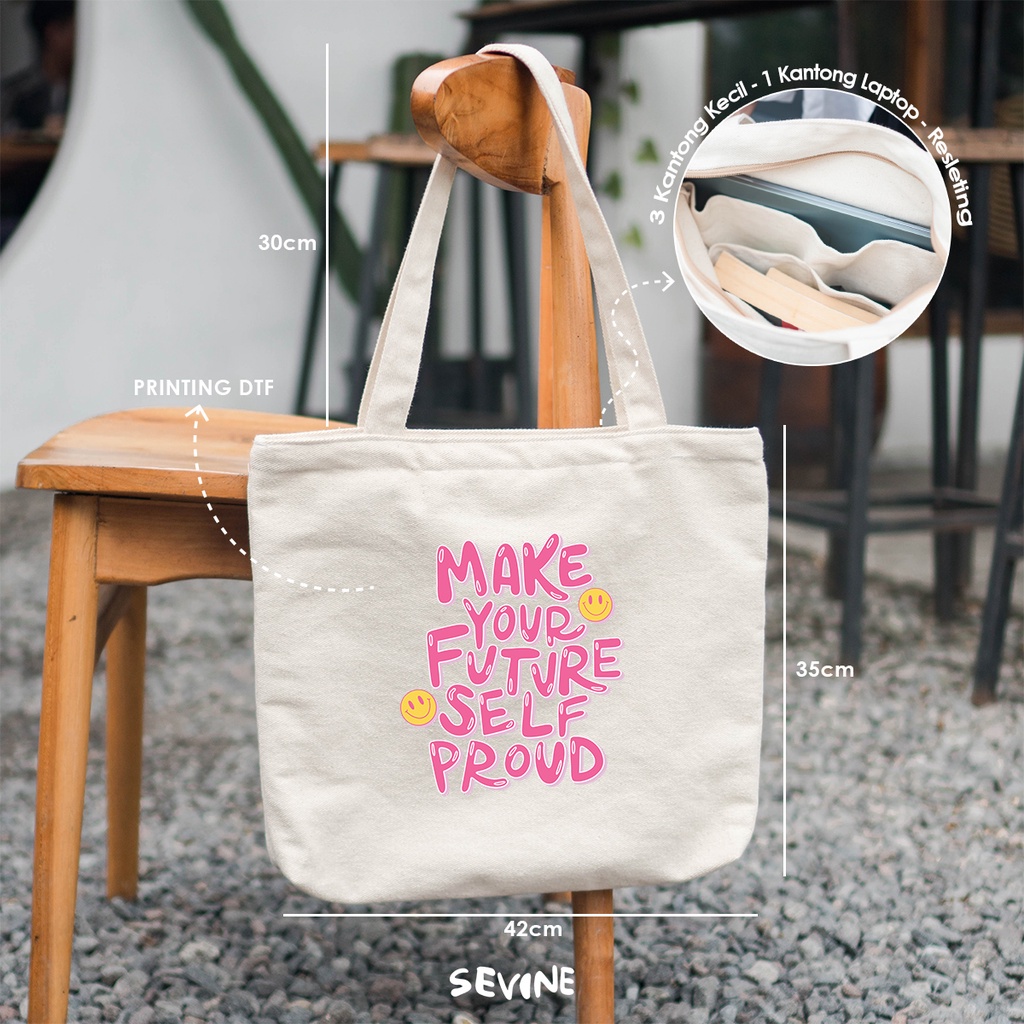 Sevine Tote Bag Kanvas Emily Aesthetic Resleting Tas Wanita Kuliah Fashion Laptop Totebag Vintage Groovy Pastel Quotes Vintage - KGR