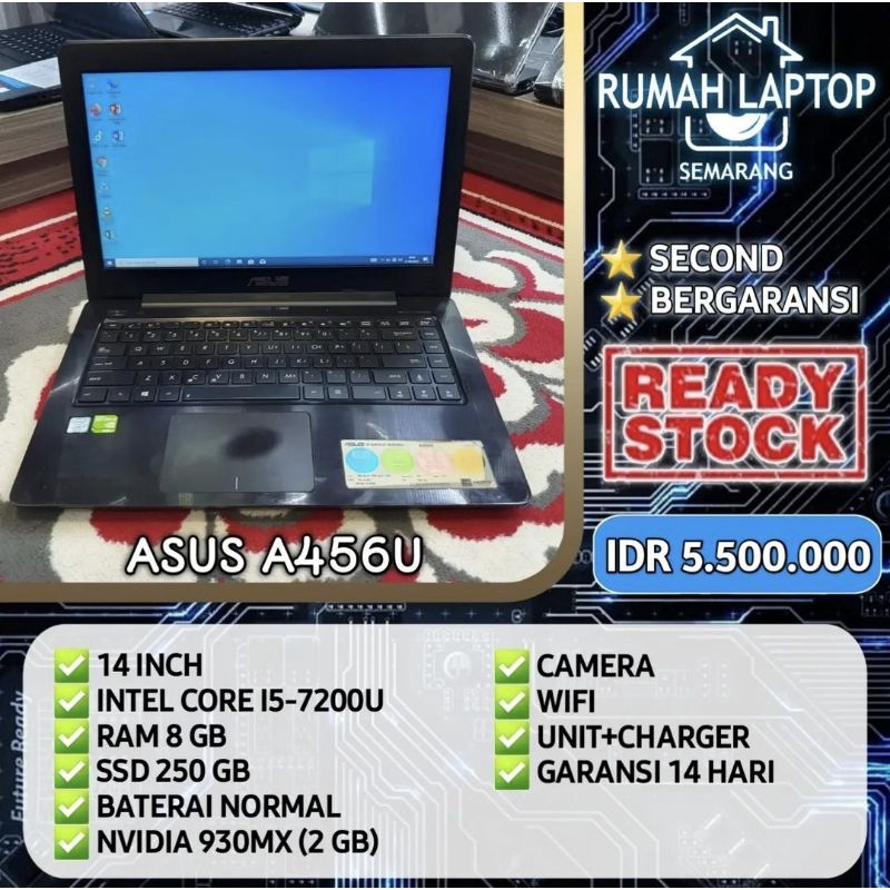 Laptop Asus A456U. Intel Core i5-7200U. RAM 8 GB. SSD 250 GB. VGA 2 GB