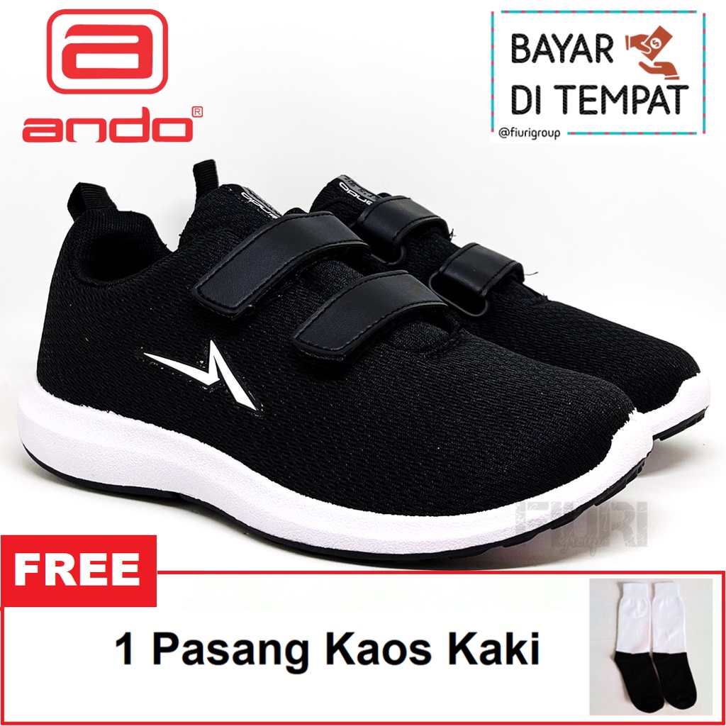 FIURI - ANDO ORIGINAL -  PINO PEREKAT 31-38 HITAM PUTIH - SEPATU SNEAKERS KANVAS SOL KARET ANAK KECIL PEREMPUAN LAKI-LAKI - SEPATU KETS LUCU FASHION TRENDY - SEPATU SEKOLAH PAUD TK SD KRETEKAN PEREKAT CEWEK COWOK MURAH PROMO DISKON BONUS KAOS KAKI