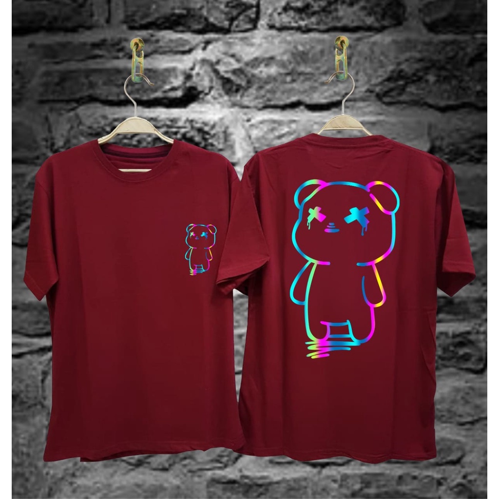 Kaos Tshirt Pria Terbaru Samurai Jepang Boneka Bear Pelangi Warna Maroon Distro Lengan Pendek Motif Sablon Bergambar Keren