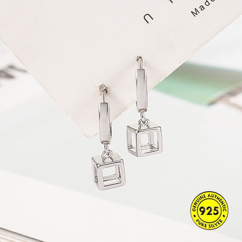 Anting Tusuk Sterling Silver 925 Desain Persegi Hias Berlian Imitasi Untuk Wanita U1065