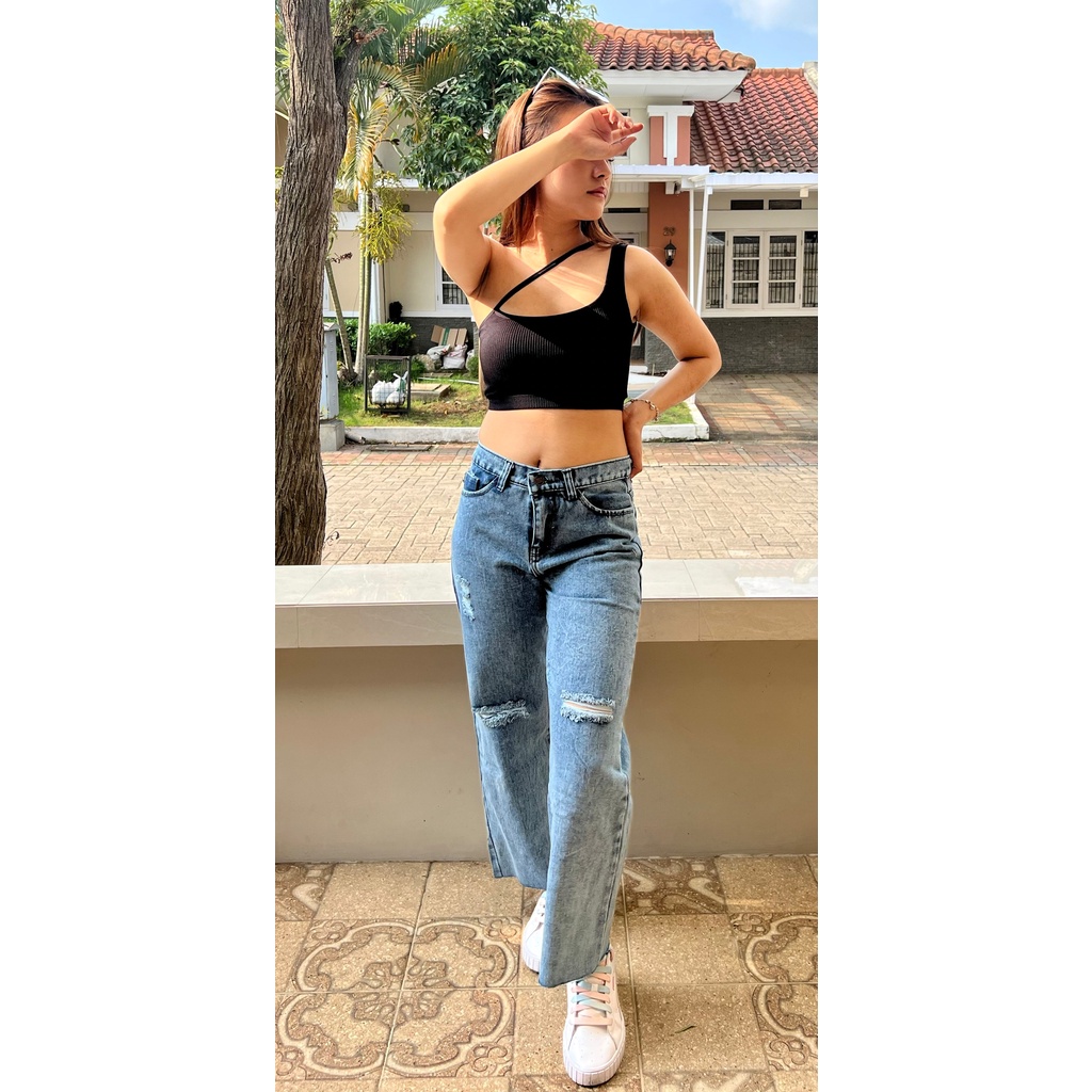 Hightwaist Kulot Jeans Sobek Victoria Snow Blue - Kulot Ripped Victoria Snow Blue Celana Jeans- Sobe