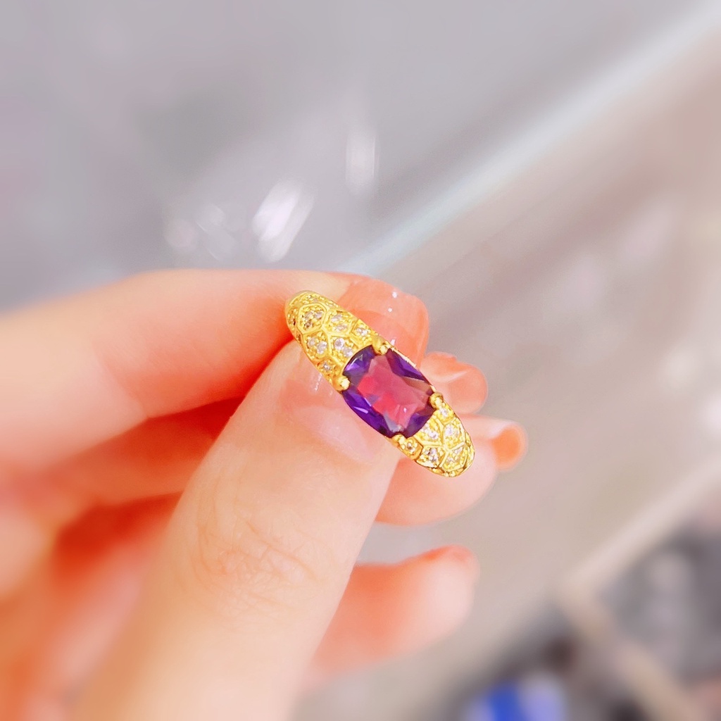 Goldkingdom Perhiasan Fashion Emas Asli Kadar 375 Bangkok Aksesoris Ready Stock Bertatahkan Uruguayan Amethyst Cincin Berlapis Emas Adjustable Wanita Cincin