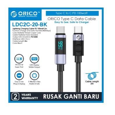 Cable type-c to usb-c pd orico 2m 5A 480Mbps 100w fast charging braided with display LDC2C-20 - Kabel charge data 200cm 2 meter