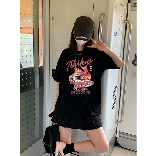 baju kaos wanita letters car graphic printing oversize atasan wanita korean style t shirt loose vintage top