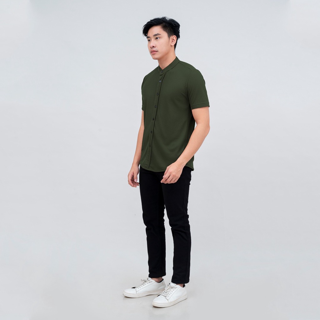 BROGUY Kemeja Pria Lengan Pendek Kerah Sanghai Casual Polos Slimfit Size M - XXL ARMY