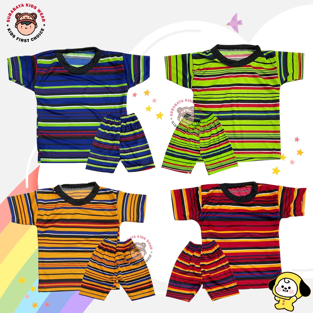 Setelan Kaos Anak Lengan Pendek Salur Warna Rainbow